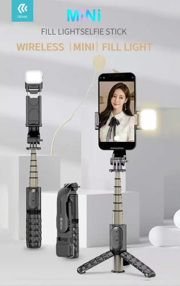 Devia - Multi Function Portable Bluetooth Selfie Stick, Tripod & Light Bar - Black