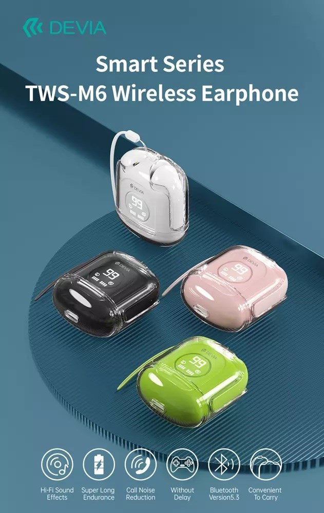 Devia - TWS-M6 - True Wireless Earbuds, Charging Case & Lanyard - Black