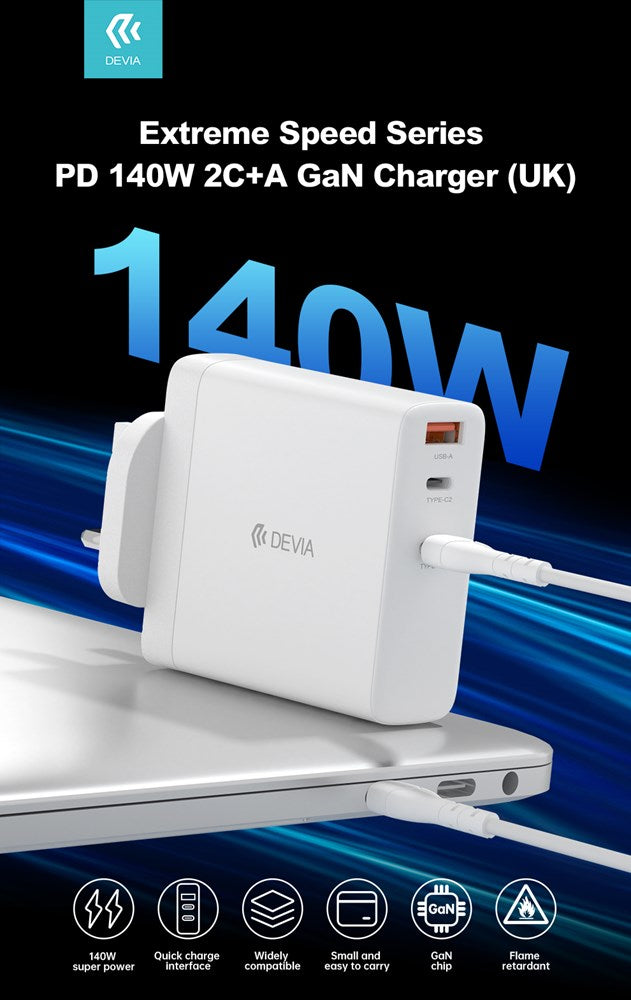 Devia - 140W GaN Dual Type C & USB Power Delivery 3-Pin UK Charging Plug - White