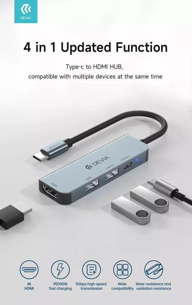 Devia - USB-C 4in1 Hub - PD, HDMI, & USB - Grey