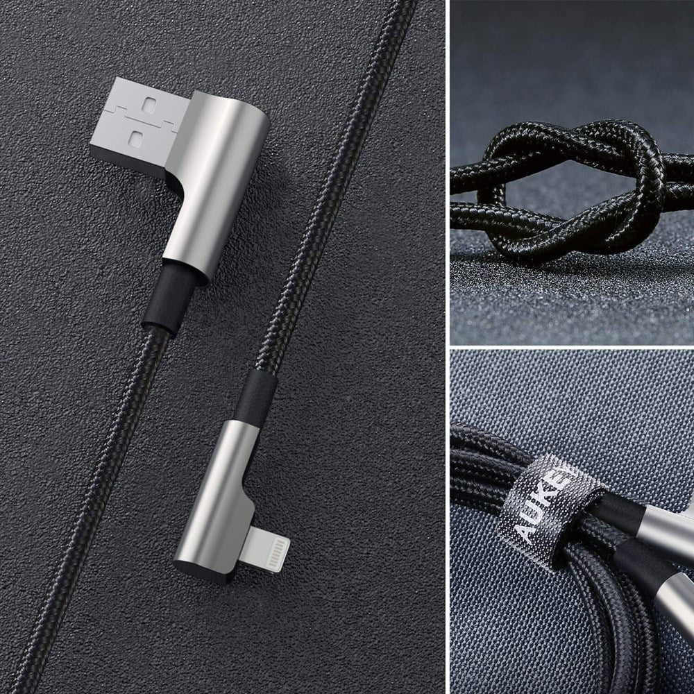 Aukey - 1.2m (2.4A) USB to MFi Lightning 90 Degree Braided Gaming Cable - Black Grey