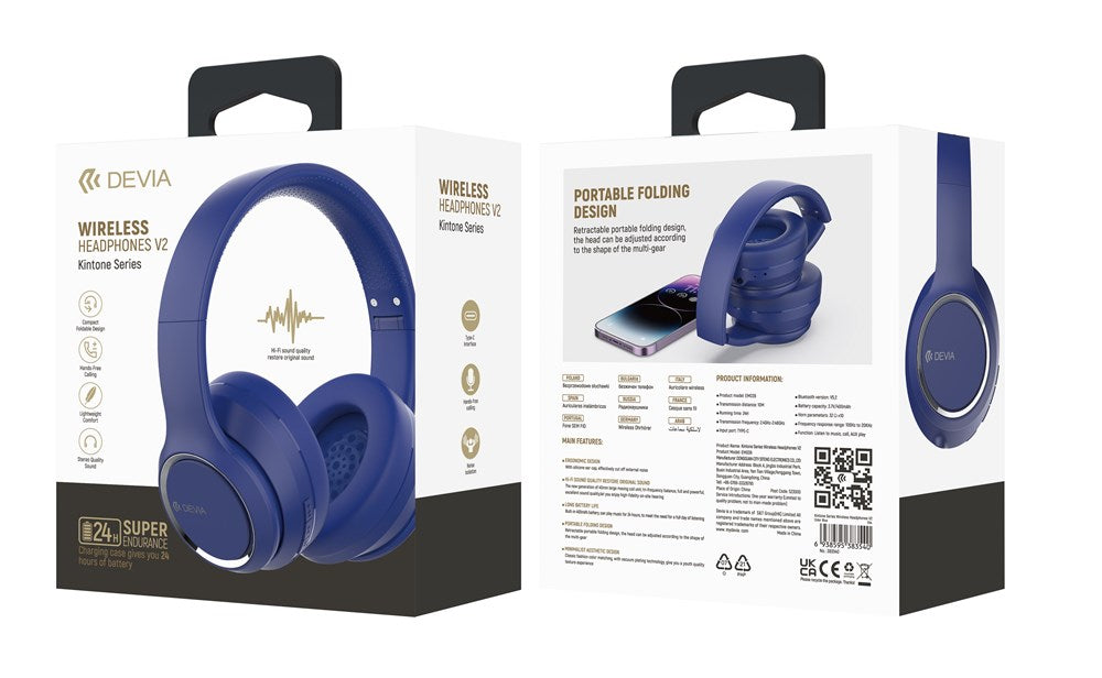 Devia - Kintone Foldable On-Ear Wireless HD Headphones - Blue