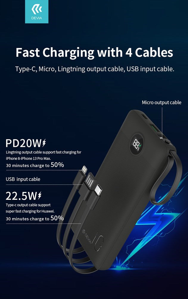 Devia - 10,000mAh 22.5W PD Powerbank & USB, Lightning, MicroUSB & Type C Cable - Black