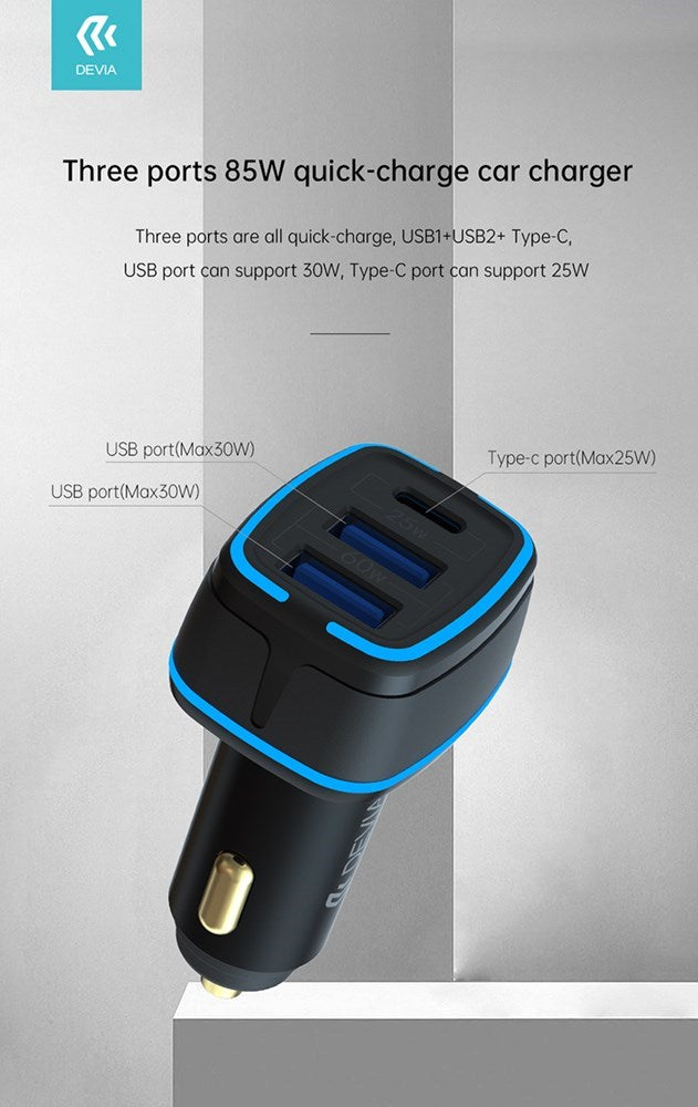 Devia - 85W Power Delivery USB-C & Dual USB Port Car Adapter - Black