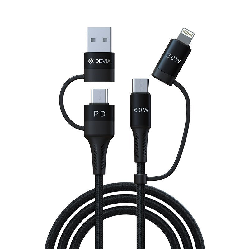 Devia - 1.5m (60W) PD Mesh Armour USB & Type C to Lightning & Type C Cable - Black