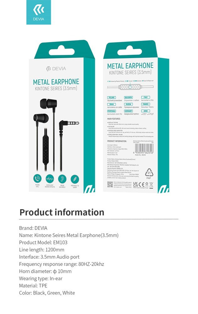 Devia - 3.5mm Kintone Metal Earphones with Microphone & Volume Control - Black