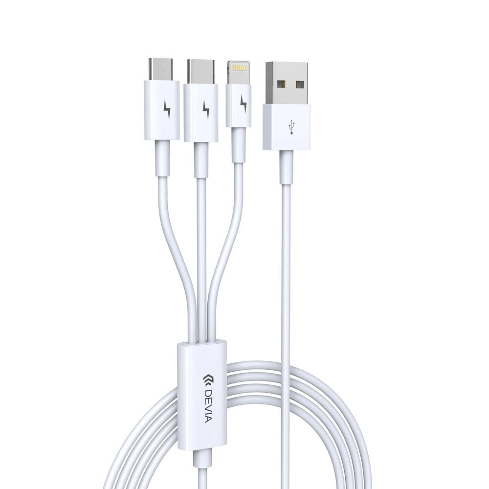Devia - 1.2m (2.4A) USB to Lightning, Type C & MicroUSB Cable - White
