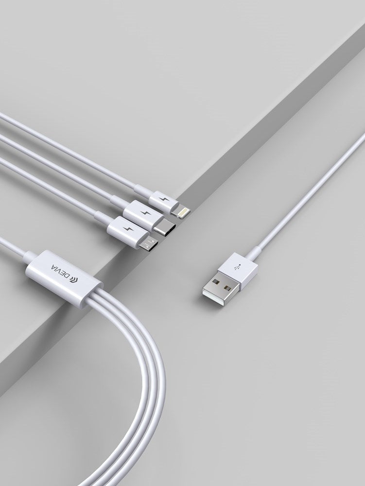 Devia - 1.2m (2.4A) USB to Lightning, Type C & MicroUSB Cable - White