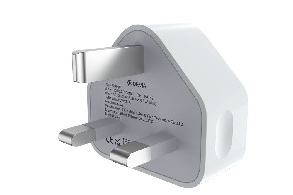 Devia - Bulk Loose - Pack of 12 - 1A USB 3-Pin UK Charging Plug - White