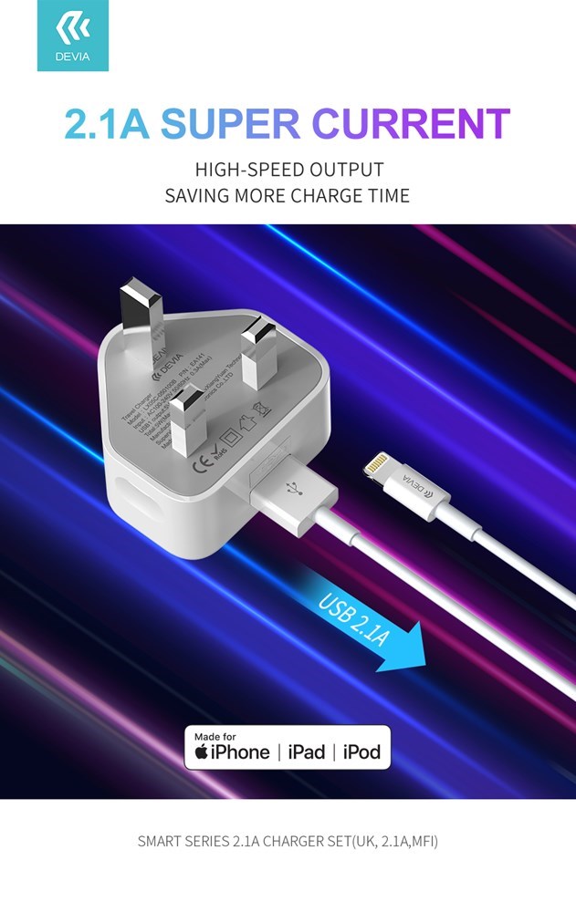 Devia - Comma 2.1A USB Plug & 1m MFI Lightning Cable - White