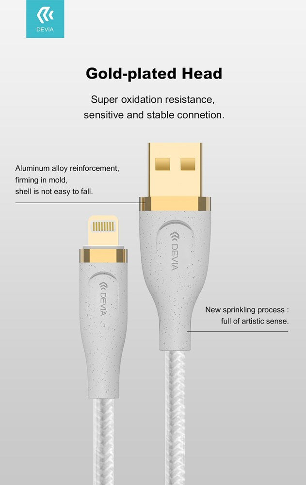 Devia - 1.5m (2.4A) Woven Gold Plated USB to Non-MFI Lightning Cable - White